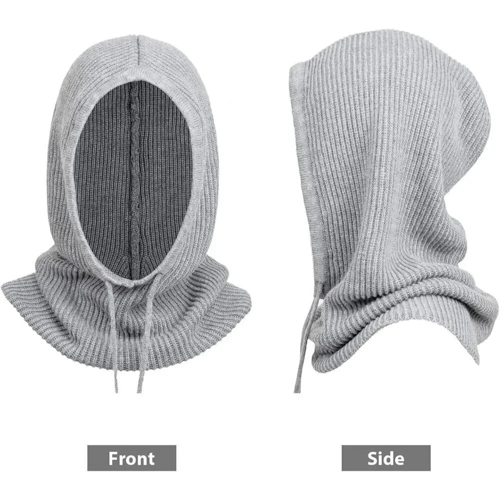 Unisex Light Grey Red Beanie Skull Cap with Drawstring Warm Winter Hats Outdoor